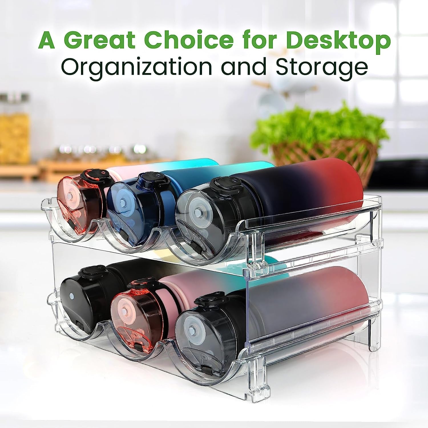 Water Bottle Storage Organizer - Cabinet Rack Set (2 Packs) - Stackable Holder for Efficient Cabinet Organization