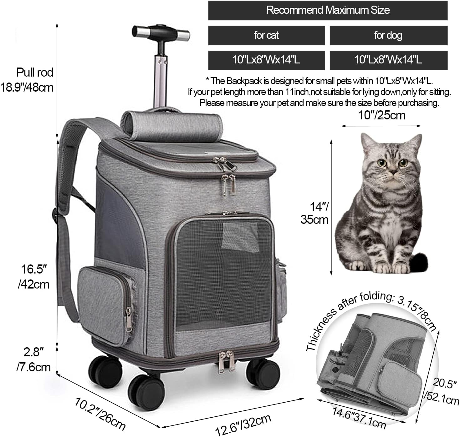 Rolling Dog Carrier Backpack + with Wheels + for Small Dogs & Cats