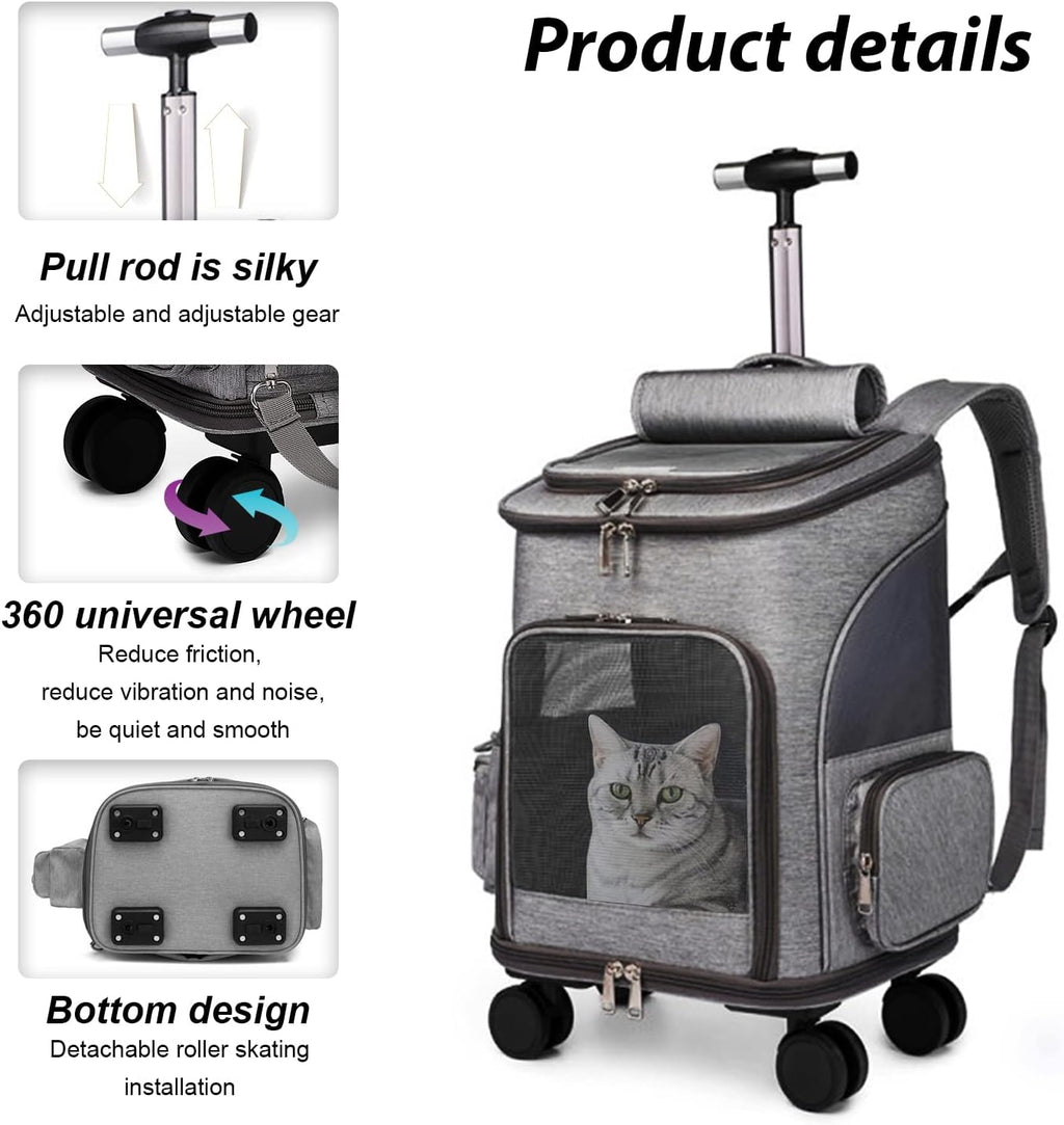 Rolling Dog Carrier Backpack + with Wheels + for Small Dogs & Cats