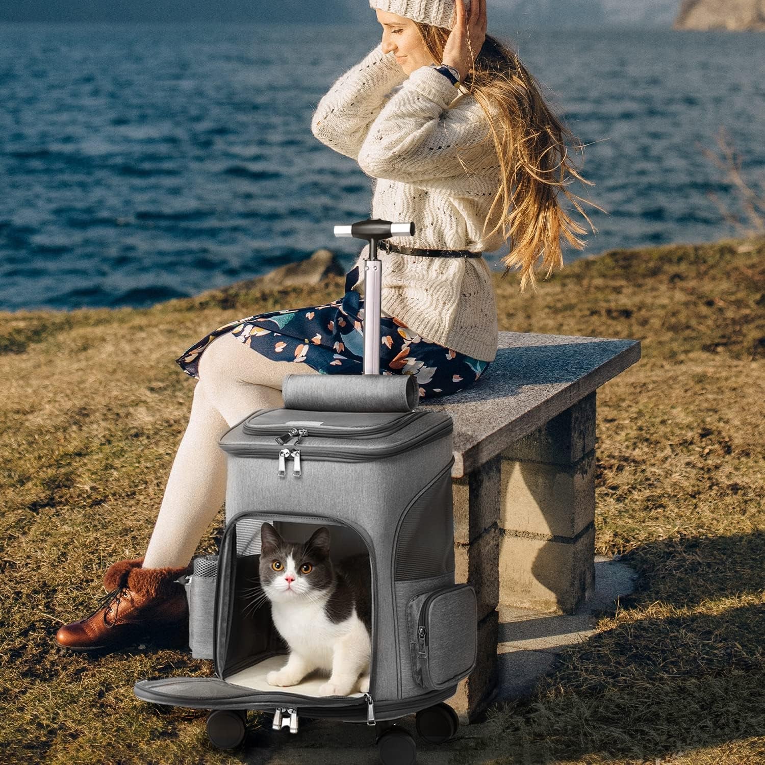 Rolling Dog Carrier Backpack + with Wheels + for Small Dogs & Cats