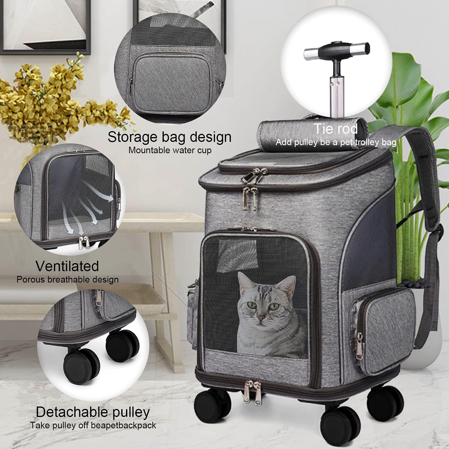 Rolling Dog Carrier Backpack + with Wheels + for Small Dogs & Cats